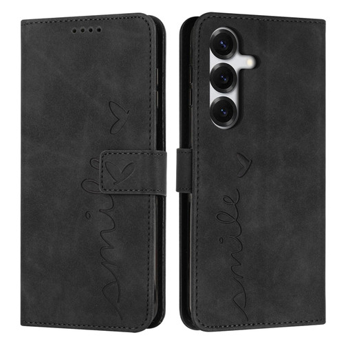 Samsung Galaxy S26+ Skin Feel Heart Embossed Leather Phone Case with Long Lanyard - Black