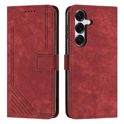 Samsung Galaxy S26+ Skin Feel Stripe Pattern Leather Phone Case with Lanyard - Red