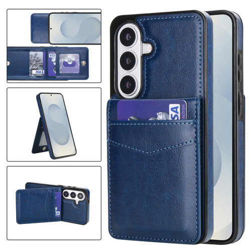 Samsung Galaxy S26+ Solid Color Card Slots Bracket PU Phone Case - Blue