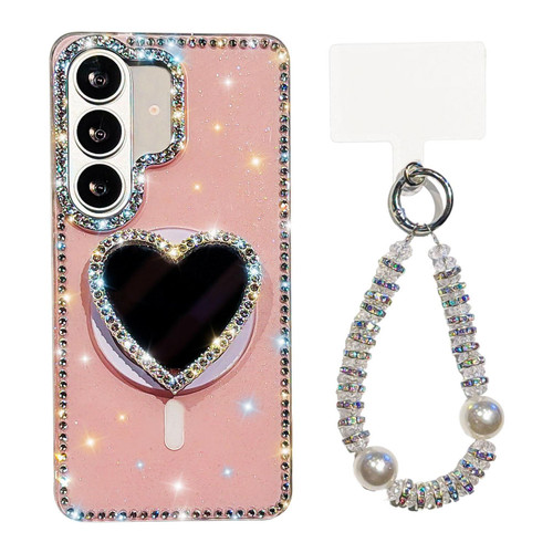 Samsung Galaxy S26+ Sparkling IMD Heart-Shaped Mirror Magnetic Phone Case with Bracelet - Glitter Light Pink