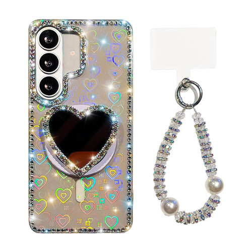 Samsung Galaxy S26+ Sparkling IMD Heart-Shaped Mirror Magnetic Phone Case with Bracelet - Love Transparent