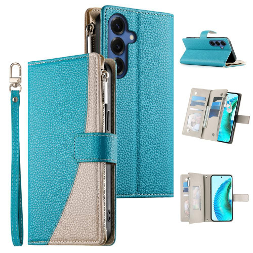 Samsung Galaxy S26+ Stitching Multi-card Zipper Wallet Leather Phone Case with Short Strap - Blue
