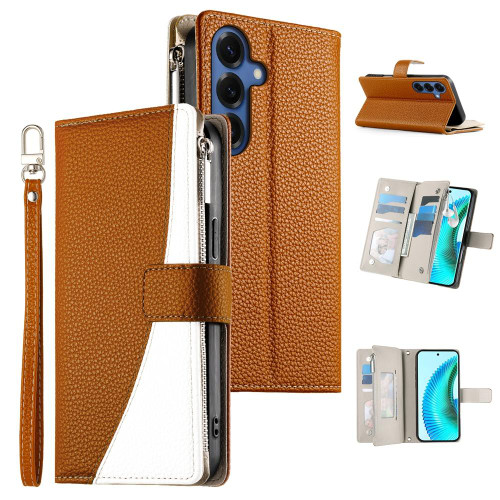 Samsung Galaxy S26+ Stitching Multi-card Zipper Wallet Leather Phone Case with Short Strap - Brown