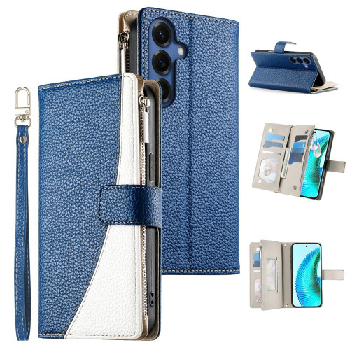 Samsung Galaxy S26+ Stitching Multi-card Zipper Wallet Leather Phone Case with Short Strap - Dark Blue