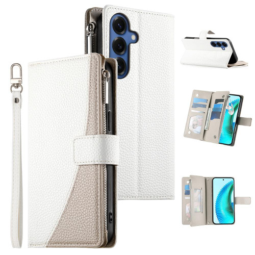 Samsung Galaxy S26+ Stitching Multi-card Zipper Wallet Leather Phone Case with Short Strap - White