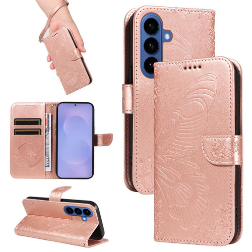 Samsung Galaxy S26+ Swallowtail Butterfly Embossed Leather Phone Case - Rose Gold