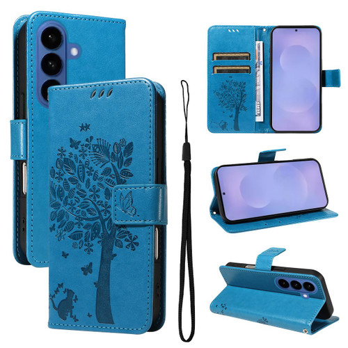 Samsung Galaxy S26+ Tree & Cat Embossed Pattern Flip Leather Phone Case - Blue
