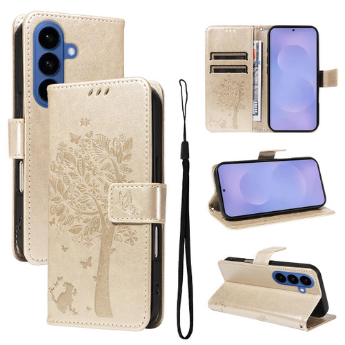 Samsung Galaxy S26+ Tree & Cat Embossed Pattern Flip Leather Phone Case - Gold