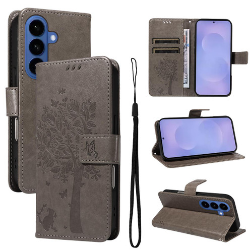 Samsung Galaxy S26+ Tree & Cat Embossed Pattern Flip Leather Phone Case - Grey