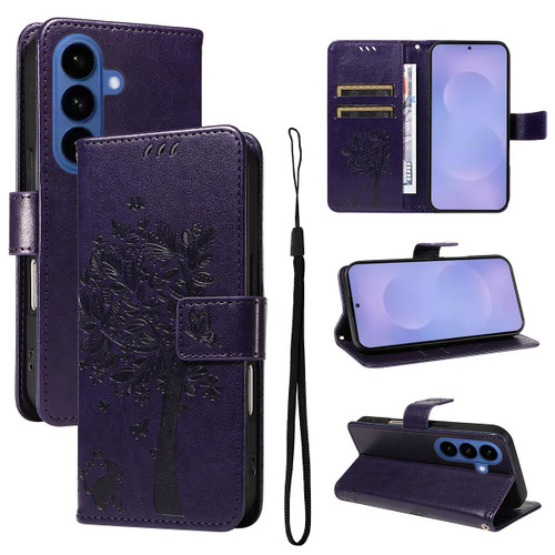 Samsung Galaxy S26+ Tree & Cat Embossed Pattern Flip Leather Phone Case - Purple