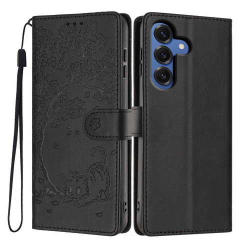 Samsung Galaxy S26+ Tree Cat Embossed Flip Vegan Leather Phone Case - Black