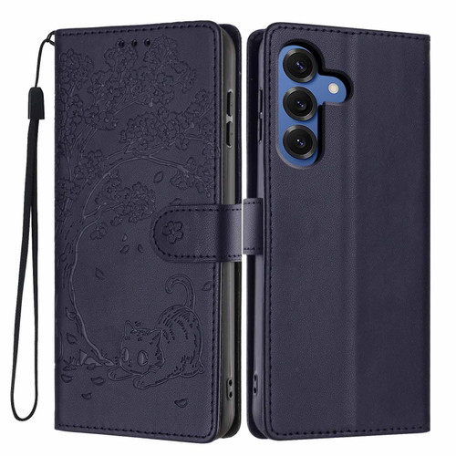 Samsung Galaxy S26+ Tree Cat Embossed Flip Vegan Leather Phone Case - Dark Blue