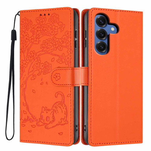 Samsung Galaxy S26+ Tree Cat Embossed Flip Vegan Leather Phone Case - Orange