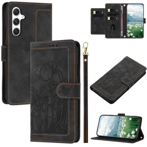 Samsung Galaxy S26+ Tulips Embossed Leather Phone Case with Lanyard - Black