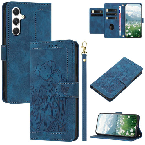 Samsung Galaxy S26+ Tulips Embossed Leather Phone Case with Lanyard - Blue