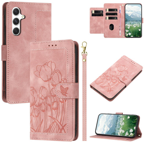 Samsung Galaxy S26+ Tulips Embossed Leather Phone Case with Lanyard - Pink