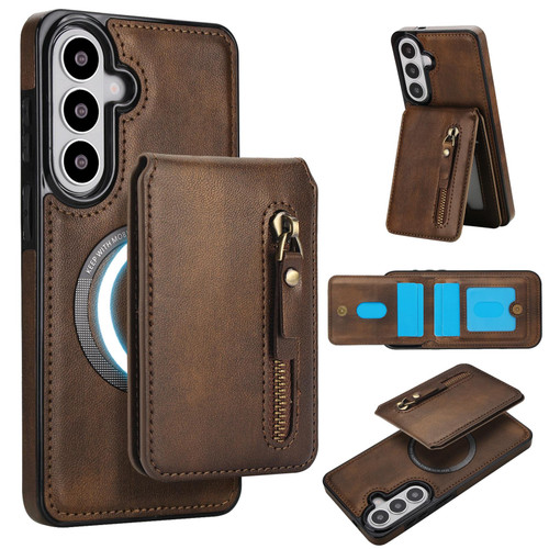 Samsung Galaxy S26+ Zipper Wallet Split MagSafe Leather Back Phone Case - Brown