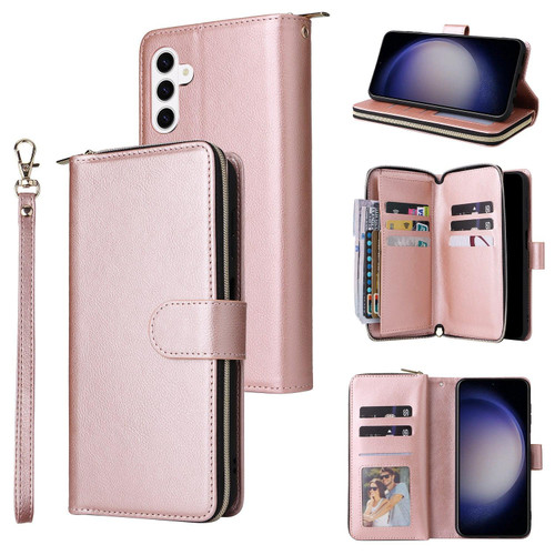 Samsung Galaxy S26 9-Card Slots Zipper Wallet Bag Leather Phone Case - Rose Gold