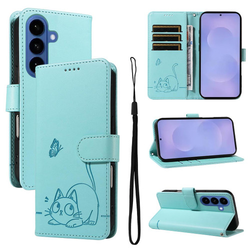 Samsung Galaxy S26 Adorable Cat Embossed Pattern Flip Leather Phone Case - Green