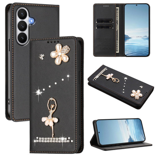 Samsung Galaxy S26 Ballet Girl Diamond Studded RFID Vegan Leather Phone Case - Black