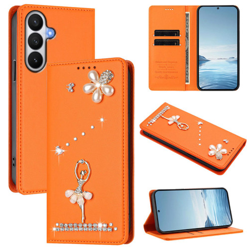 Samsung Galaxy S26 Ballet Girl Diamond Studded RFID Vegan Leather Phone Case - Orange