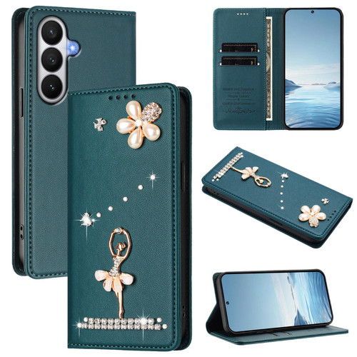 Samsung Galaxy S26 Ballet Girl Diamond Studded RFID Vegan Leather Phone Case - Peacock Green