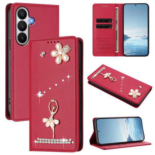 Samsung Galaxy S26 Ballet Girl Diamond Studded RFID Vegan Leather Phone Case - Wine Red