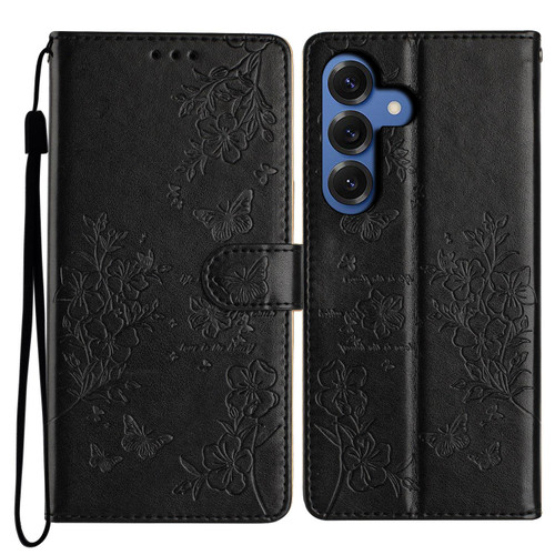Samsung Galaxy S26 Butterflies and Flowers Leather Phone Case - Black