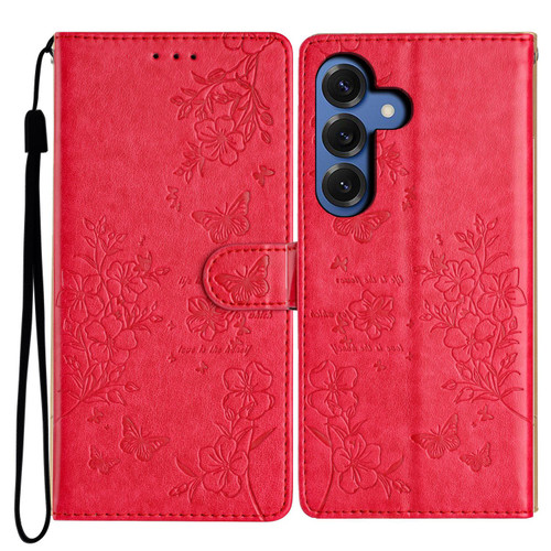 Samsung Galaxy S26 Butterflies and Flowers Leather Phone Case - Red