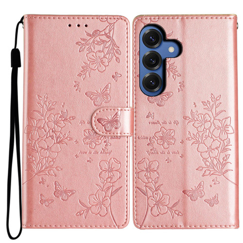 Samsung Galaxy S26 Butterflies and Flowers Leather Phone Case - Rose Gold