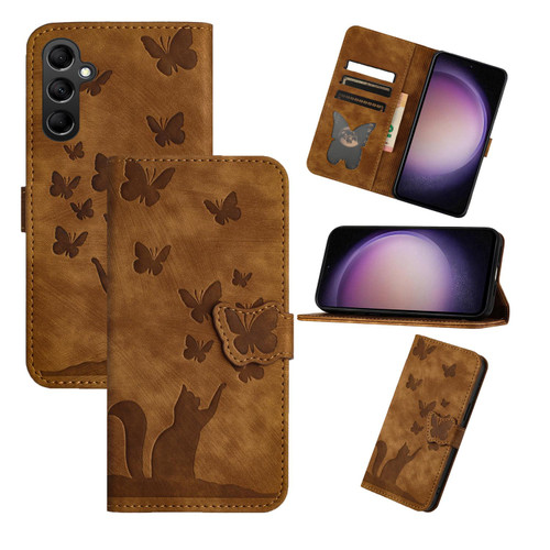 Samsung Galaxy S26 Butterfly Cat Embossing Flip Leather Phone Case - Brown