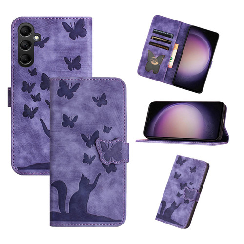 Samsung Galaxy S26 Butterfly Cat Embossing Flip Leather Phone Case - Purple