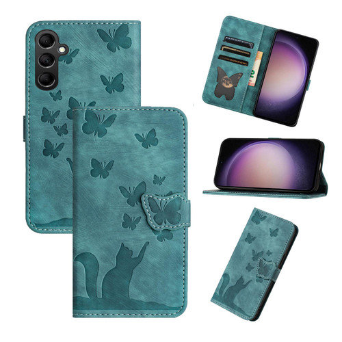 Samsung Galaxy S26 Butterfly Cat Embossing Flip Leather Phone Case - Wathet
