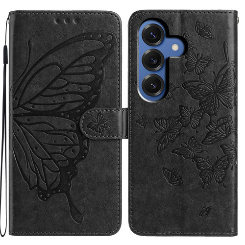 Samsung Galaxy S26 Butterfly Flutter Pattern Embossed Leather Phone Case - Black