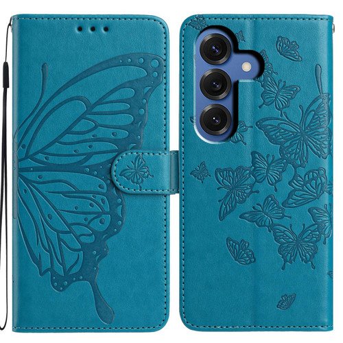 Samsung Galaxy S26 Butterfly Flutter Pattern Embossed Leather Phone Case - Blue