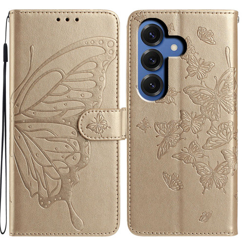 Samsung Galaxy S26 Butterfly Flutter Pattern Embossed Leather Phone Case - Gold