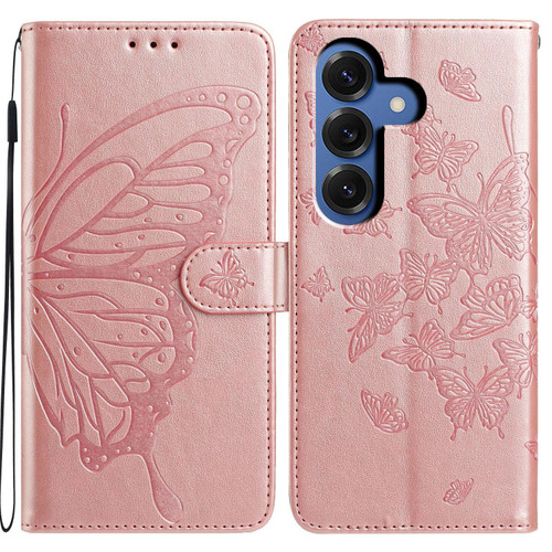 Samsung Galaxy S26 Butterfly Flutter Pattern Embossed Leather Phone Case - Rose Gold