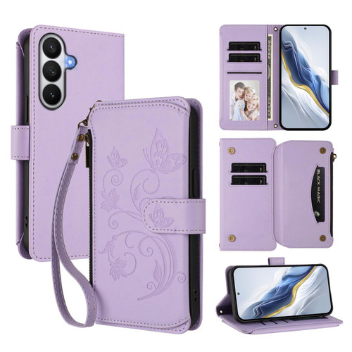 Samsung Galaxy S26 Butterfly Love Flower Multi-card Zipper Wallet Leather Phone Case - Light Purple