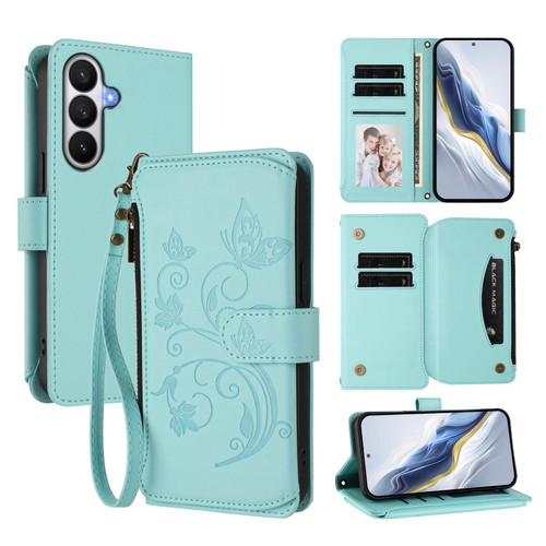 Samsung Galaxy S26 Butterfly Love Flower Multi-card Zipper Wallet Leather Phone Case - Mint Green