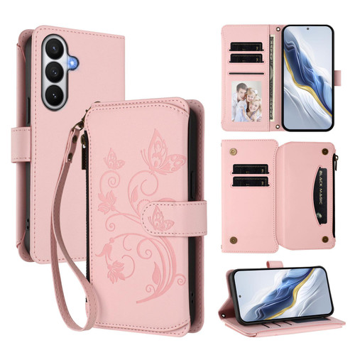 Samsung Galaxy S26 Butterfly Love Flower Multi-card Zipper Wallet Leather Phone Case - Pink