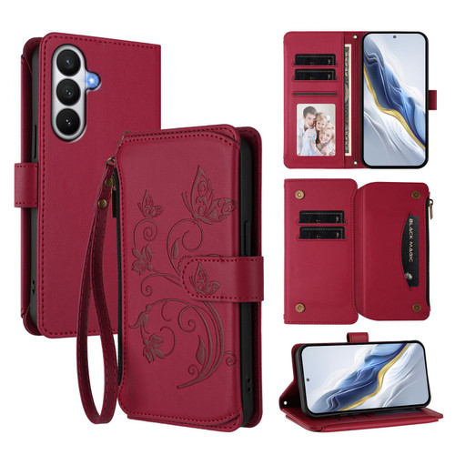 Samsung Galaxy S26 Butterfly Love Flower Multi-card Zipper Wallet Leather Phone Case - Wine Red