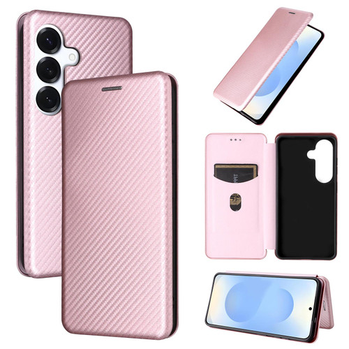 Samsung Galaxy S26 Carbon Fiber Texture Flip Leather Phone Case - Pink
