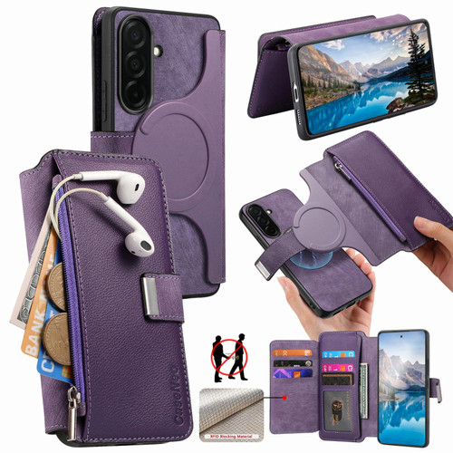 Samsung Galaxy S26 CaseNeo MagSafe RFID Anti-theft Zipper Wallet Retro Leather Phone Case - Purple