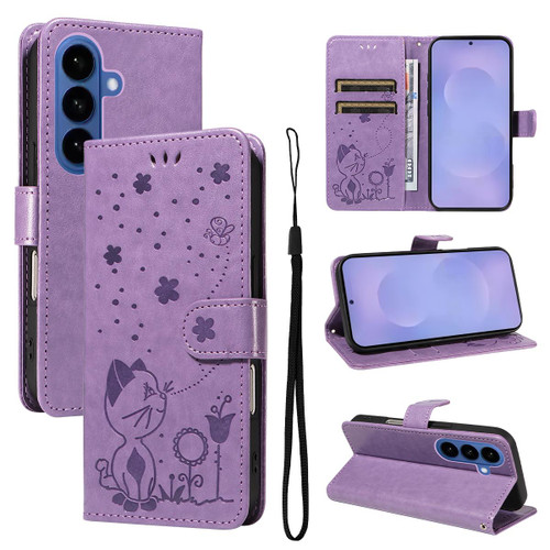 Samsung Galaxy S26 Cat and Bee Embossed Flip Leather Phone Case - Purple