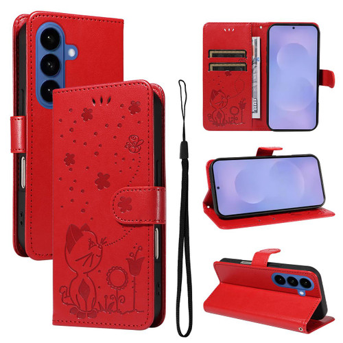 Samsung Galaxy S26 Cat and Bee Embossed Flip Leather Phone Case - Red