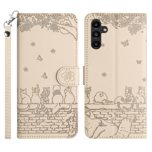 Samsung Galaxy S26 Cat Embossing Pattern Leather Phone Case with Lanyard - Beige