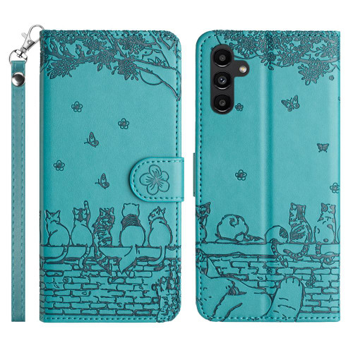 Samsung Galaxy S26 Cat Embossing Pattern Leather Phone Case with Lanyard - Blue