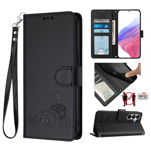 Samsung Galaxy S26 Cat Rat Embossed Pattern RFID Leather Phone Case with Lanyard - Black
