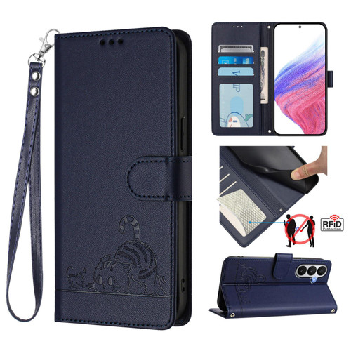 Samsung Galaxy S26 Cat Rat Embossed Pattern RFID Leather Phone Case with Lanyard - Blue