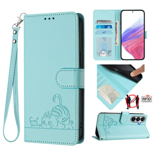 Samsung Galaxy S26 Cat Rat Embossed Pattern RFID Leather Phone Case with Lanyard - Mint Green